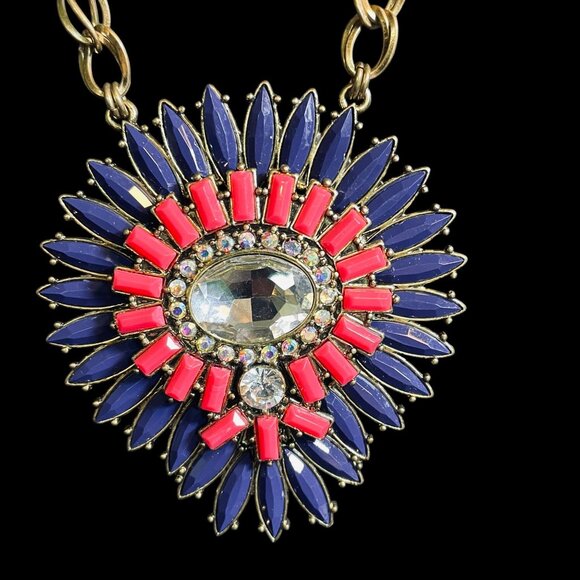 Reversible Statement Necklace Red Blue Orange Crystal Pendant Boho Festival - Picture 5 of 10
